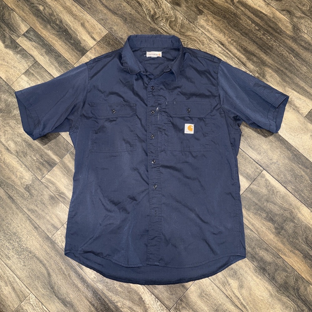 Carhartt Button-Down Work Shirt Short-Sleeve Men's Size L Ripstop Navy Blue